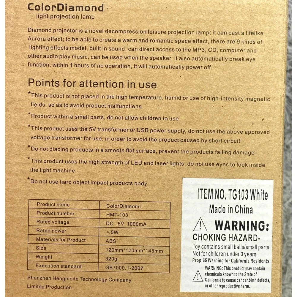 ColorDiamond Light Projection Lamp White USB‎ Charge Speaker Music NEW